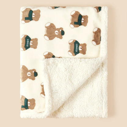 Teddy Bear & Bunny Print Sherpa Fleece Baby Blanket