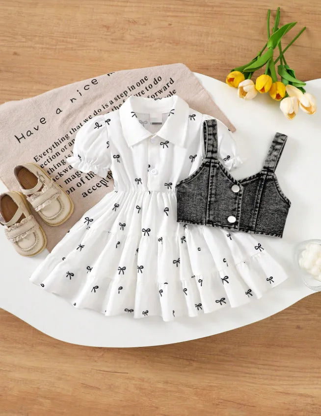 Bow-Print Tiered Dress & Cropped Denim-Look Vest Set for Baby Girls