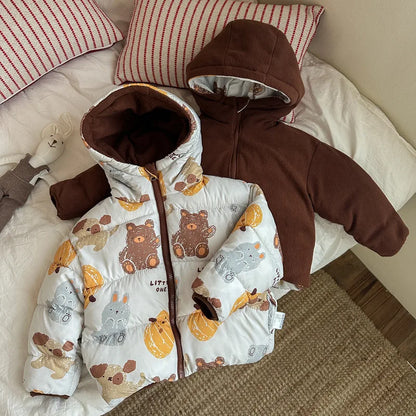 Reversible Bunny Print Hooded Puffer Jacket for Girls