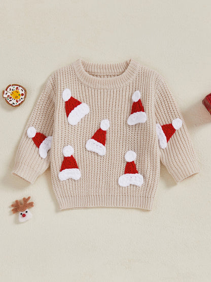 Baby Christmas Knit Sweater – Santa Hat & Tree Embroidery Crewneck (0–18 Months)