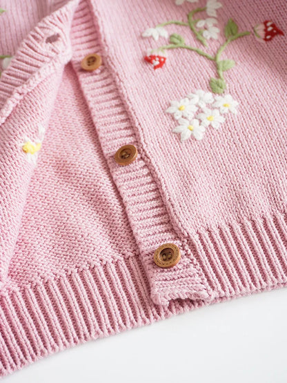 Baby & Toddler Girls Cotton Knit Cardigan (2–6 Years) – Button-Front Sweater with Duck Embroidery