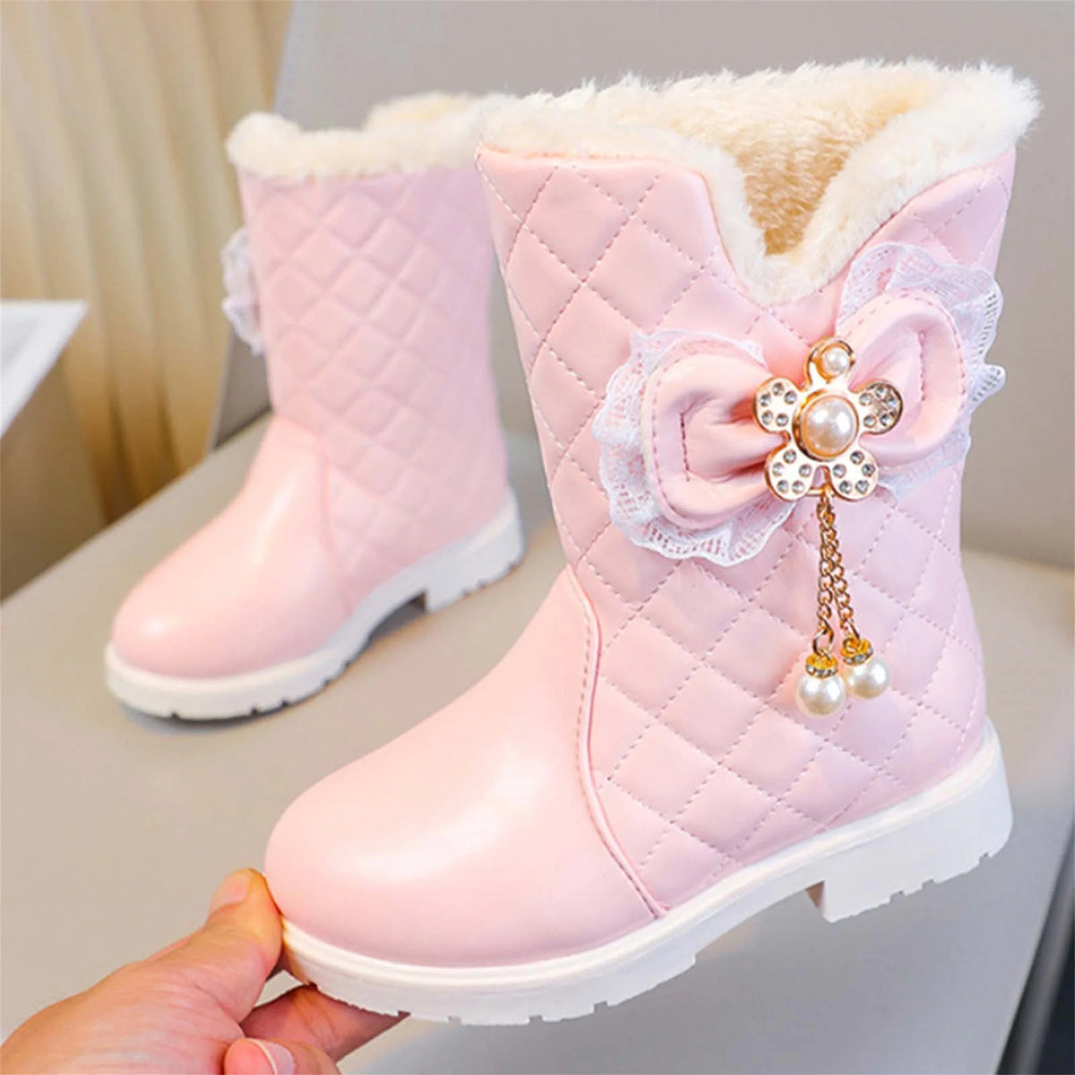 Quilted Bow Plush-Lined Ankle Boots for Girls