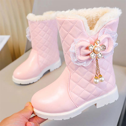Quilted Bow Plush-Lined Ankle Boots for Girls