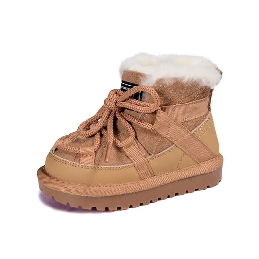 Fluffy-Collar Lace-Up Winter Ankle Boots for Kids