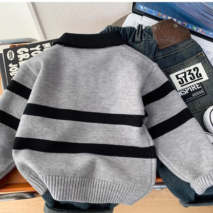 Gray & Black Striped Knit Polo Sweater for Kids