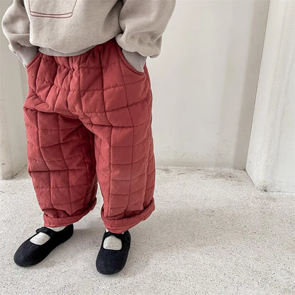 Grid-Quilted Loose Fit Winter Pants for Kids