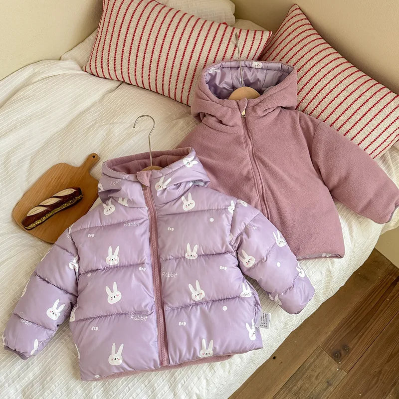Reversible Bunny Print Hooded Puffer Jacket for Girls