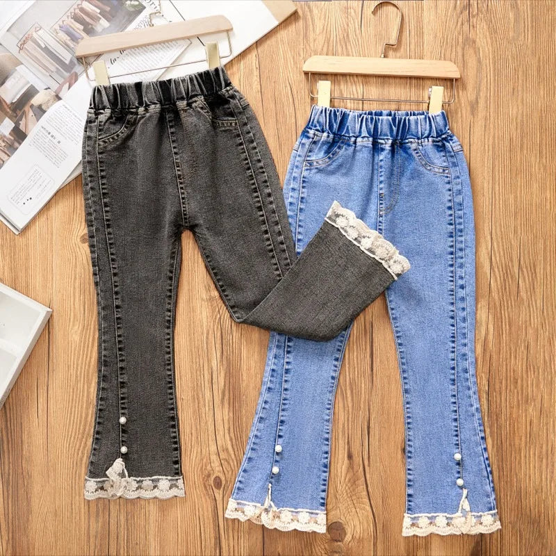 Girls’ Lace-Hem Bootcut Jeans with Pearl Accents