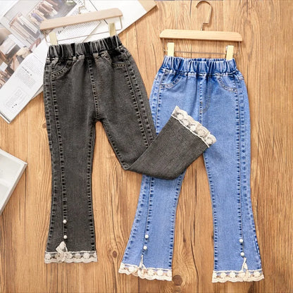 Girls’ Lace-Hem Bootcut Jeans with Pearl Accents