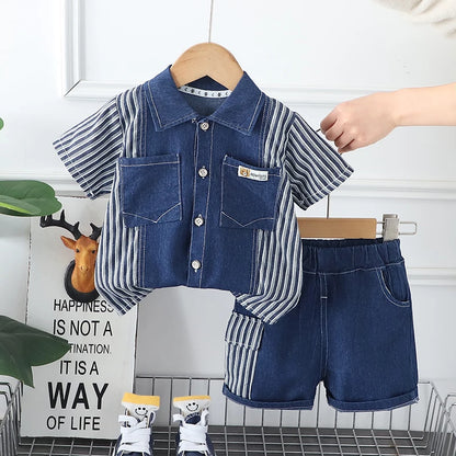 Striped Denim Button-Up Shirt & Shorts Set for Toddlers