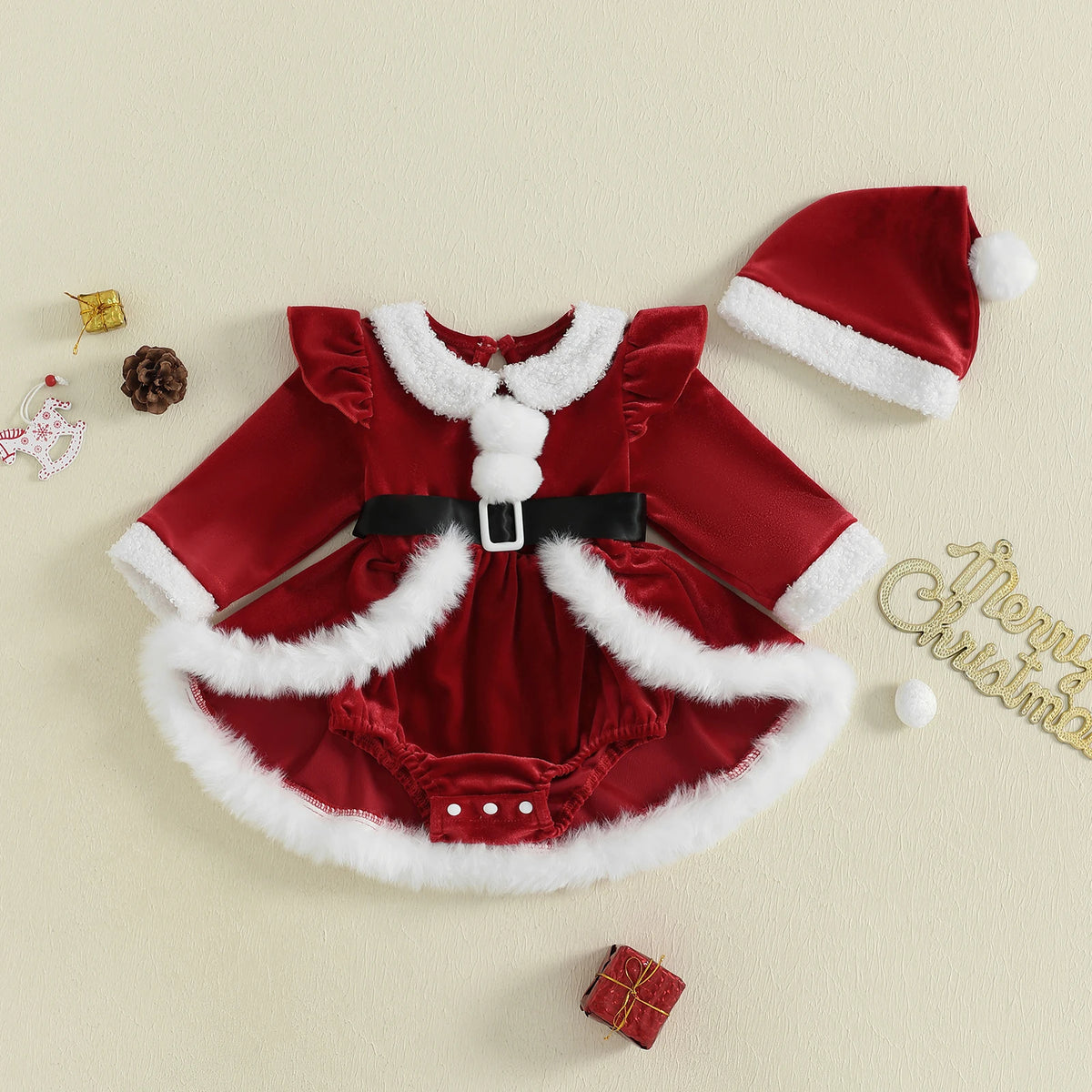 Santa Romper Dress & Hat Christmas Set for Baby Girls
