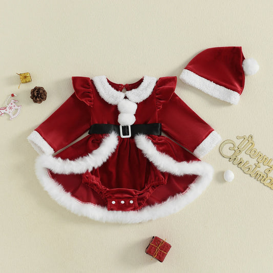 Santa Romper Dress & Hat Christmas Set for Baby Girls