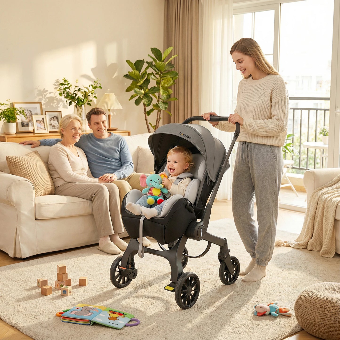 Reversible High-View Stroller with Car Seat Attachment – Adjustable Backrest, One-Click Fold Pushchair