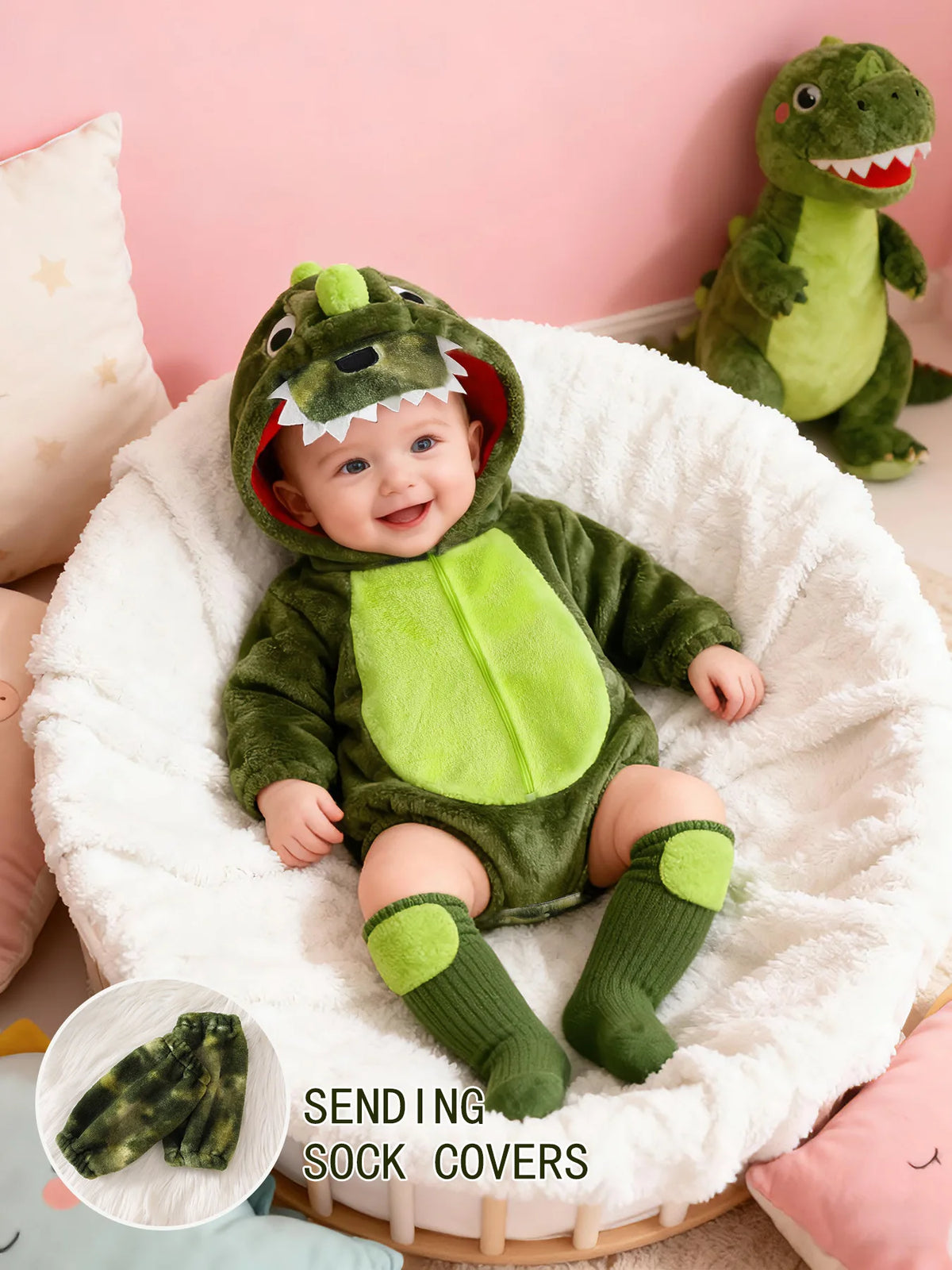 Plush Dinosaur Baby Romper with Hood & Matching Sock Covers