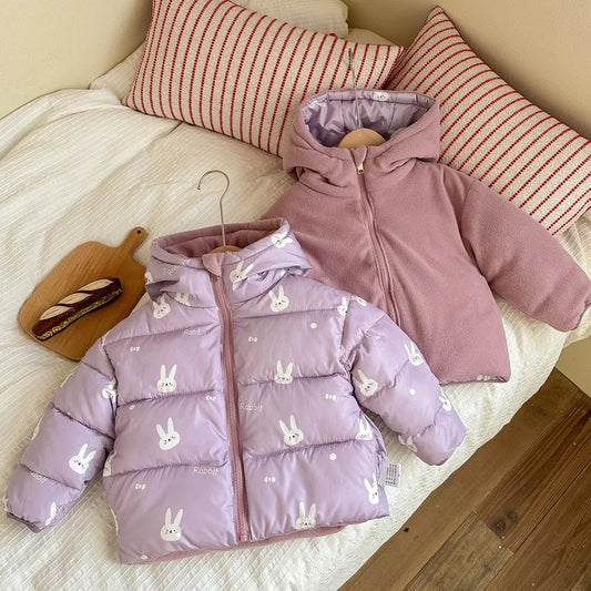 Reversible Bunny Print Hooded Puffer Jacket for Girls
