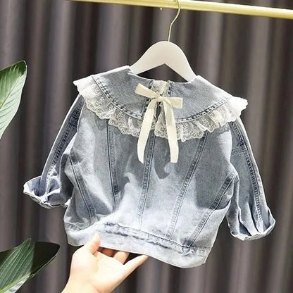 Scalloped & Lace-Collar Denim Jacket for Girls