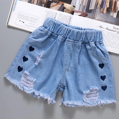 Bow, Heart & Lace Trim Denim Shorts for Girls