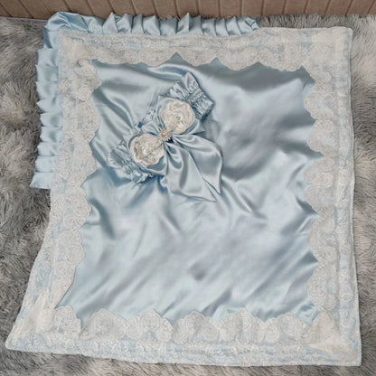 Lace-Trim Satin Baby Swaddle Blanket with Floral Bow