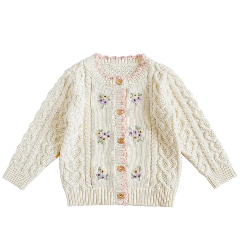 Knit Cardigan Sweater for Babies, Toddlers & Little Kids (9 Months–7 Years) – Button-Front, Embroidered Animals & Floral Details