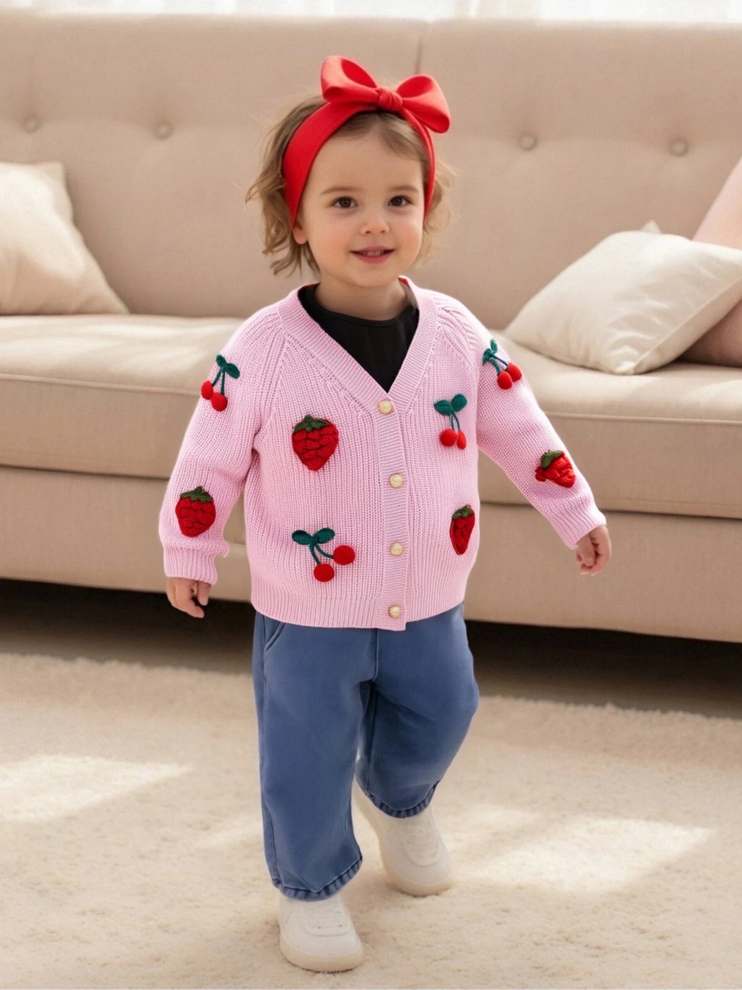 Cherry Knit Button-Up Cardigan for Toddlers and Kids – Soft V-Neck Sweater