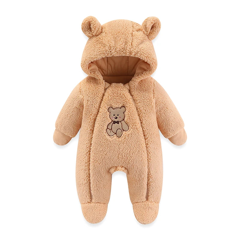 Cozy Critter Winter Romper – Hooded Plush Jumpsuit (0–12 Months)