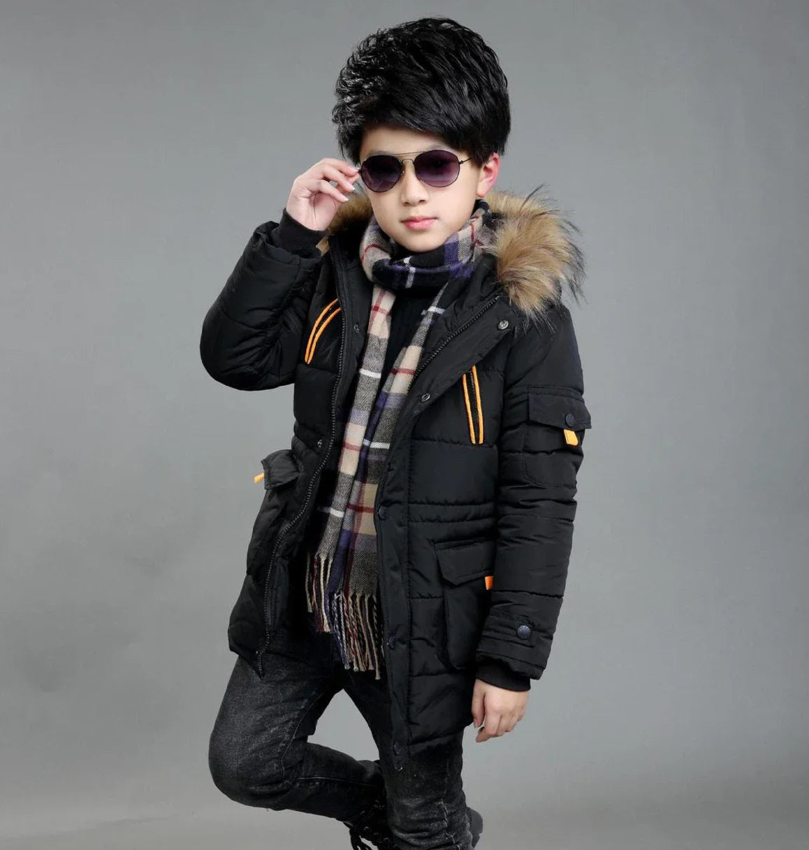 Contrast-Panel Longline Hooded Winter Coat for Boys