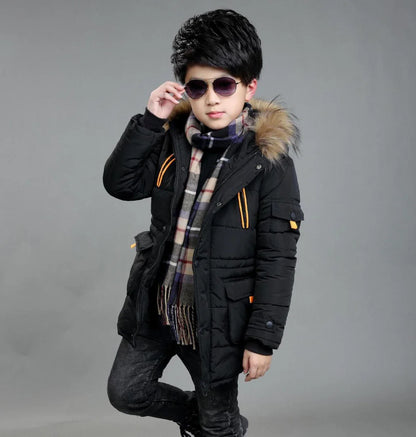 Contrast-Panel Longline Hooded Winter Coat for Boys