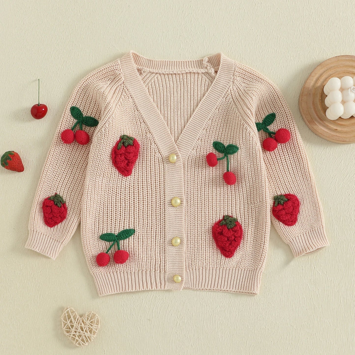 Cherry Knit Button-Up Cardigan for Toddlers and Kids – Soft V-Neck Sweater