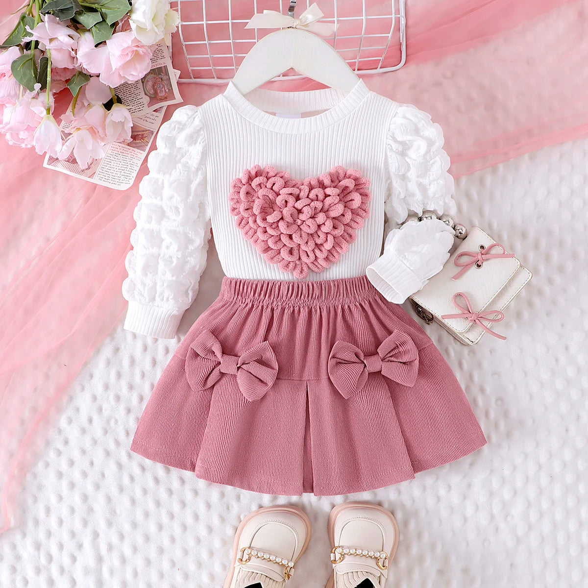 Heart Textured Top & Bow Skirt Set – 2-Piece Puff Sleeve Outfit for Girls