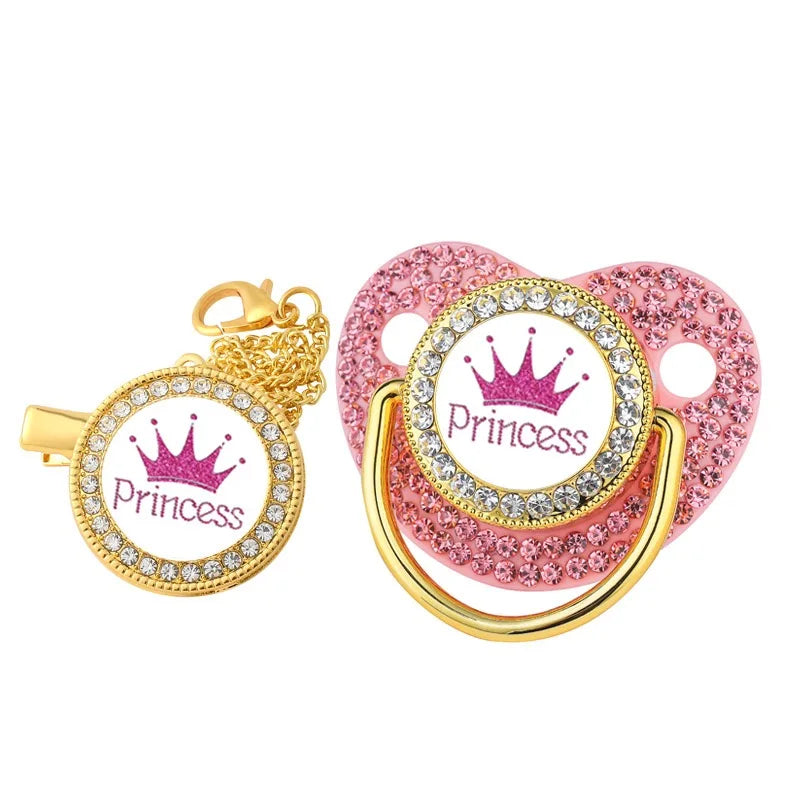 Royal Crown Rhinestone Pacifier & Clip Set for Babies