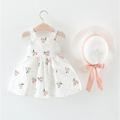 Cherry Picnic Bow Sundress & Ribbon Sun Hat Set for Baby Girls