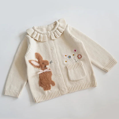 Baby & Toddler Girls Cotton Knit Cardigan (2–6 Years) – Button-Front Sweater with Duck Embroidery