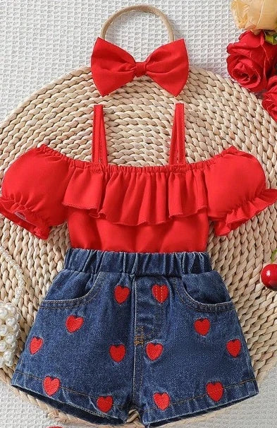 Heart & Ruffle Girls’ Summer Top and Denim Shorts Set