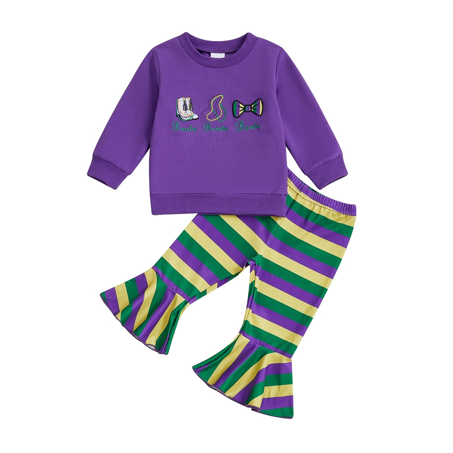 Embroidered Sweatshirt & Striped Flare Pants Set for Girls