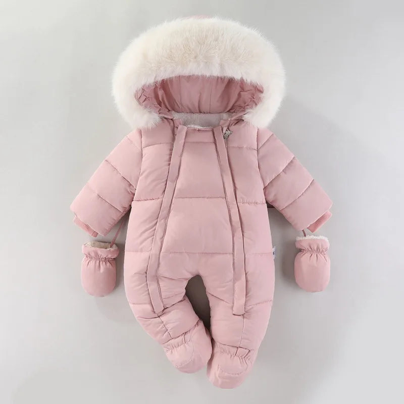 Plush-Lined Winter Baby Snowsuit with Hood & Mittens (0–18 Months)