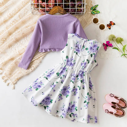 Floral Bow Dress & Ruffle-Trim Cardigan Set for Girls