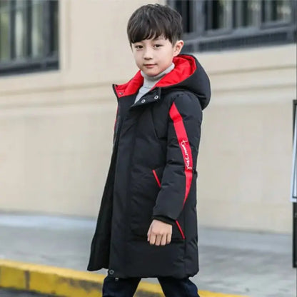 Contrast-Panel Longline Hooded Winter Coat for Boys