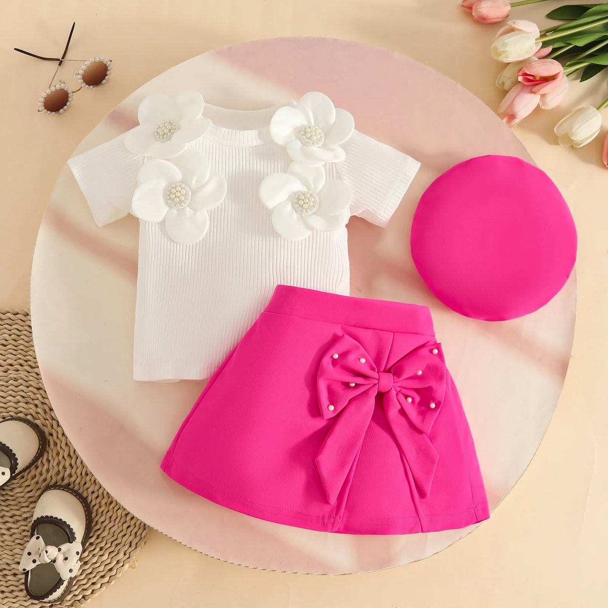 Floral Appliqué Ribbed Top & Pleated Shorts Set for Girls