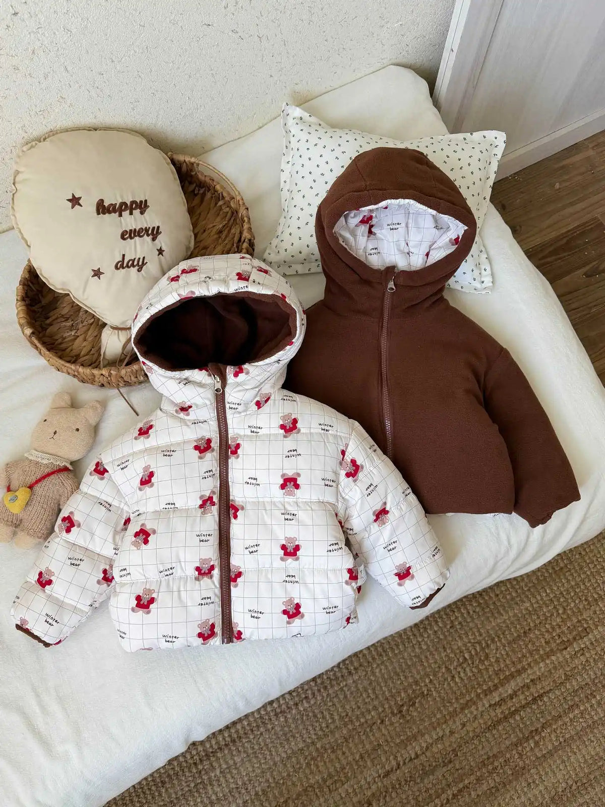 Reversible Bunny Print Hooded Puffer Jacket for Girls
