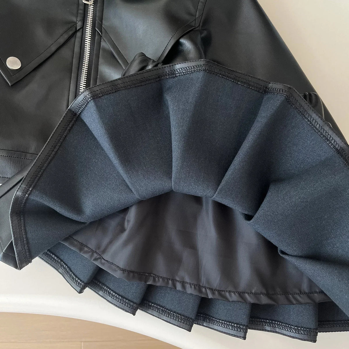 Faux Leather Moto Jacket & Pleated Skirt Set for Girls