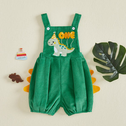 First Birthday Dino Corduroy Bubble Overall Romper for Baby Boys