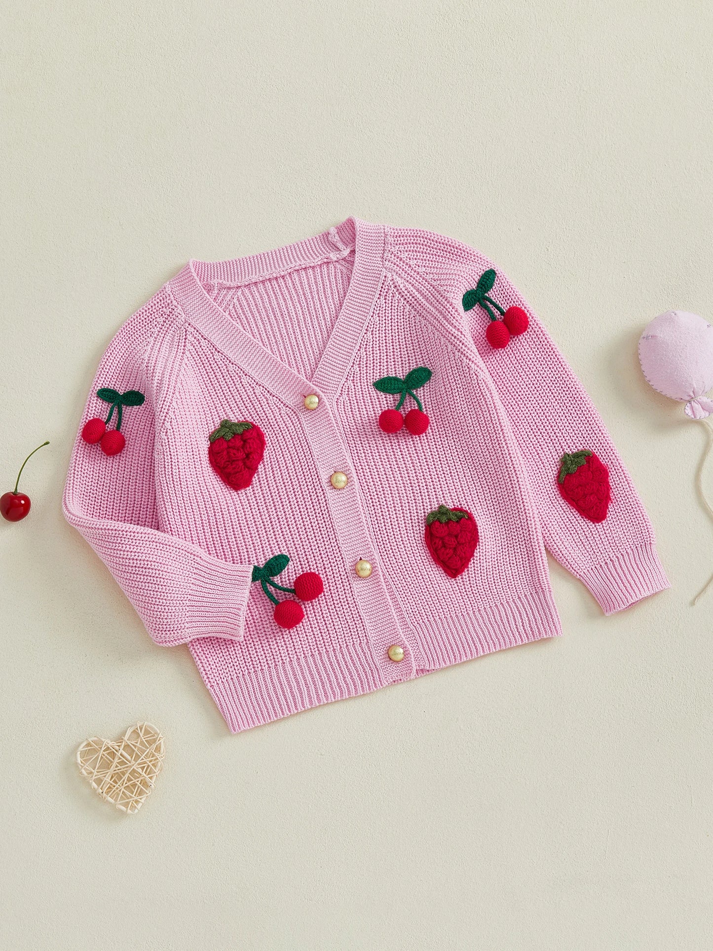 Cherry Knit Button-Up Cardigan for Toddlers and Kids – Soft V-Neck Sweater
