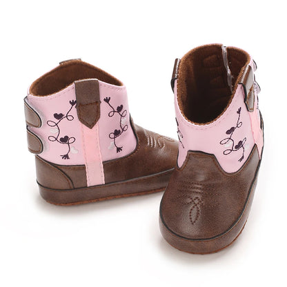Western Floral Embroidered Baby Cowboy Boots with Soft Cotton Soles