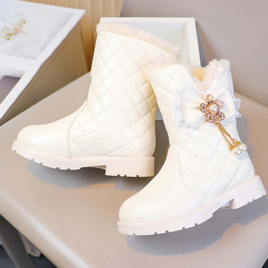 Quilted Bow Plush-Lined Ankle Boots for Girls