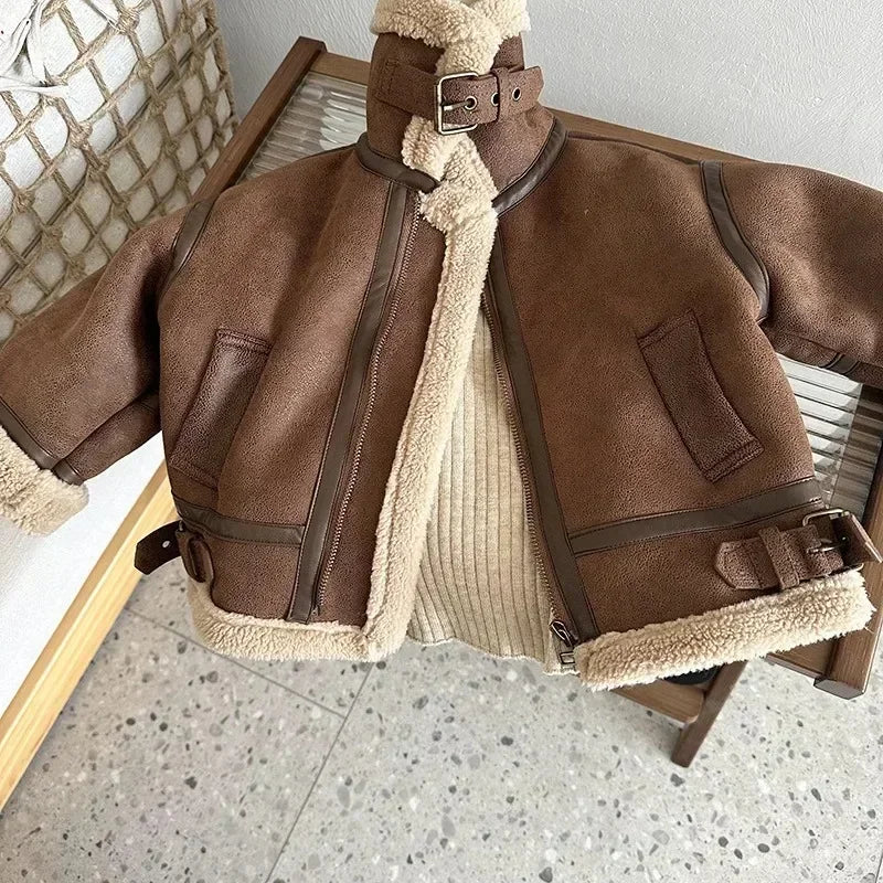 Coffee Brown Faux Shearling Aviator Jacket for Boys
