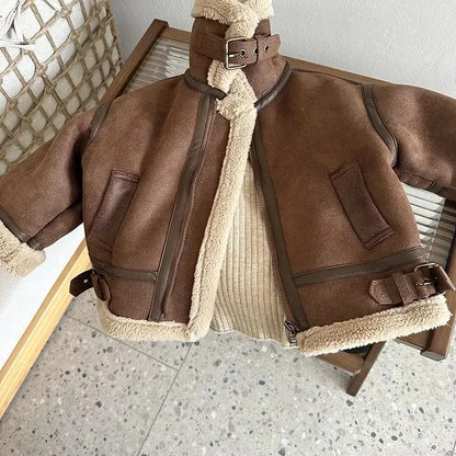 Coffee Brown Faux Shearling Aviator Jacket for Boys