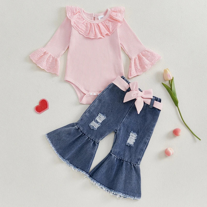 Eyelet Ruffle Romper & Flared Denim Pants Set for Baby Girls