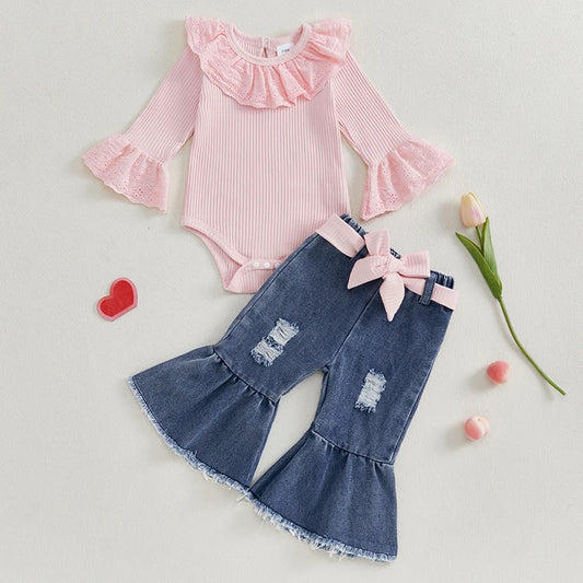 Eyelet Ruffle Romper & Flared Denim Pants Set for Baby Girls
