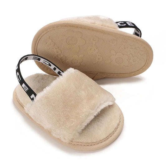 Plush Faux Fur Baby Sandals with Elastic Back Strap