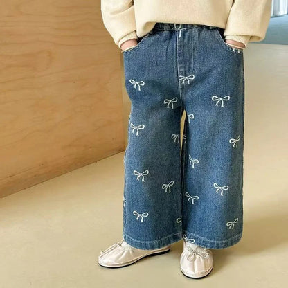 Allover Bow Print Wide-Leg Girls’ Denim Pants